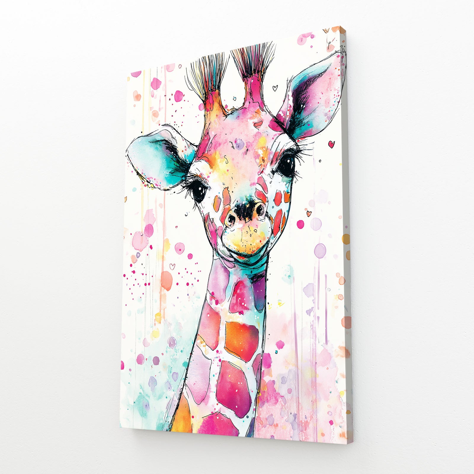 Colorful painting of a giraffe on a white background