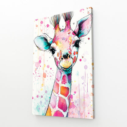 Colorful painting of a giraffe on a white background