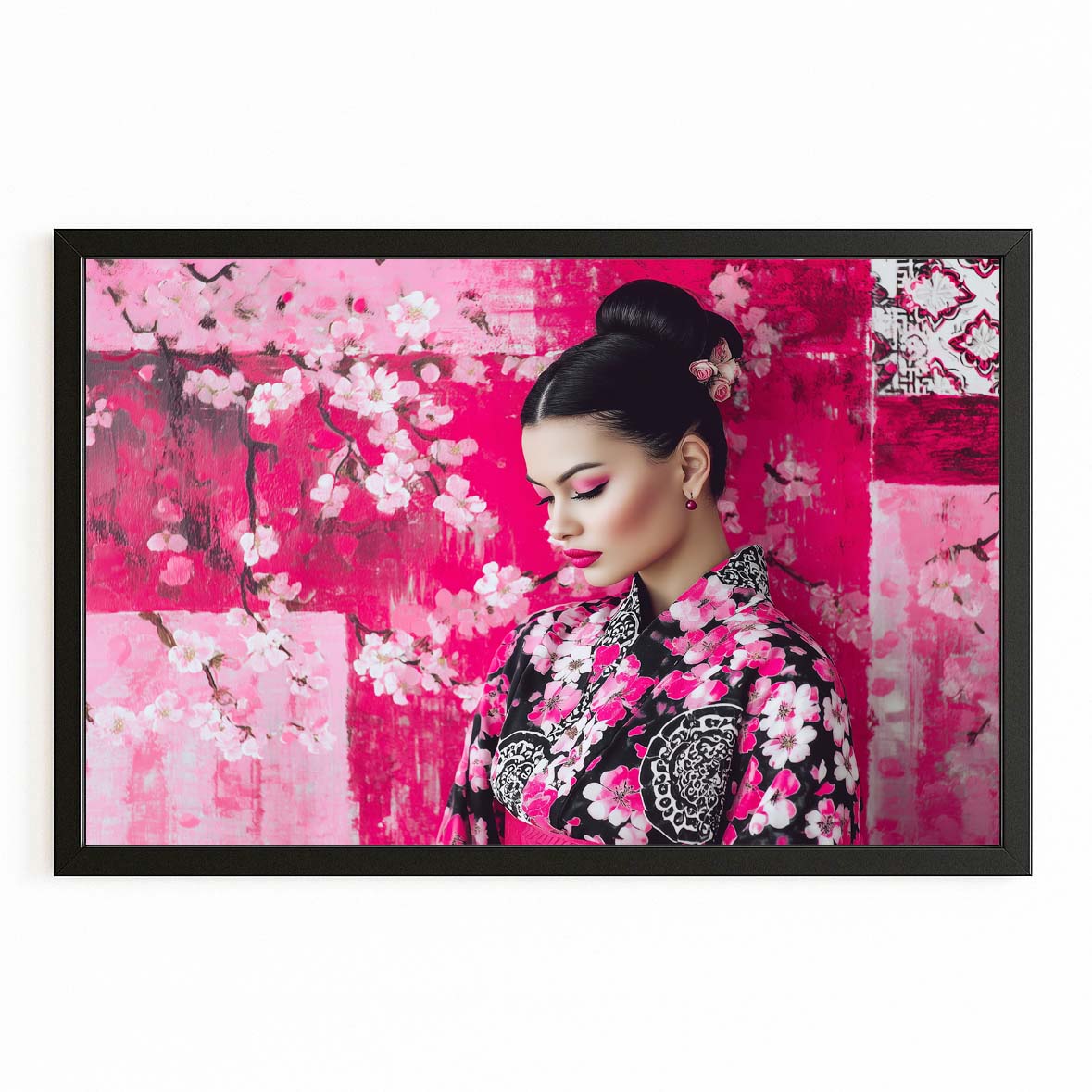 Kimono Portrait Cherry Blossom Prints – with Premium Black frame on white background