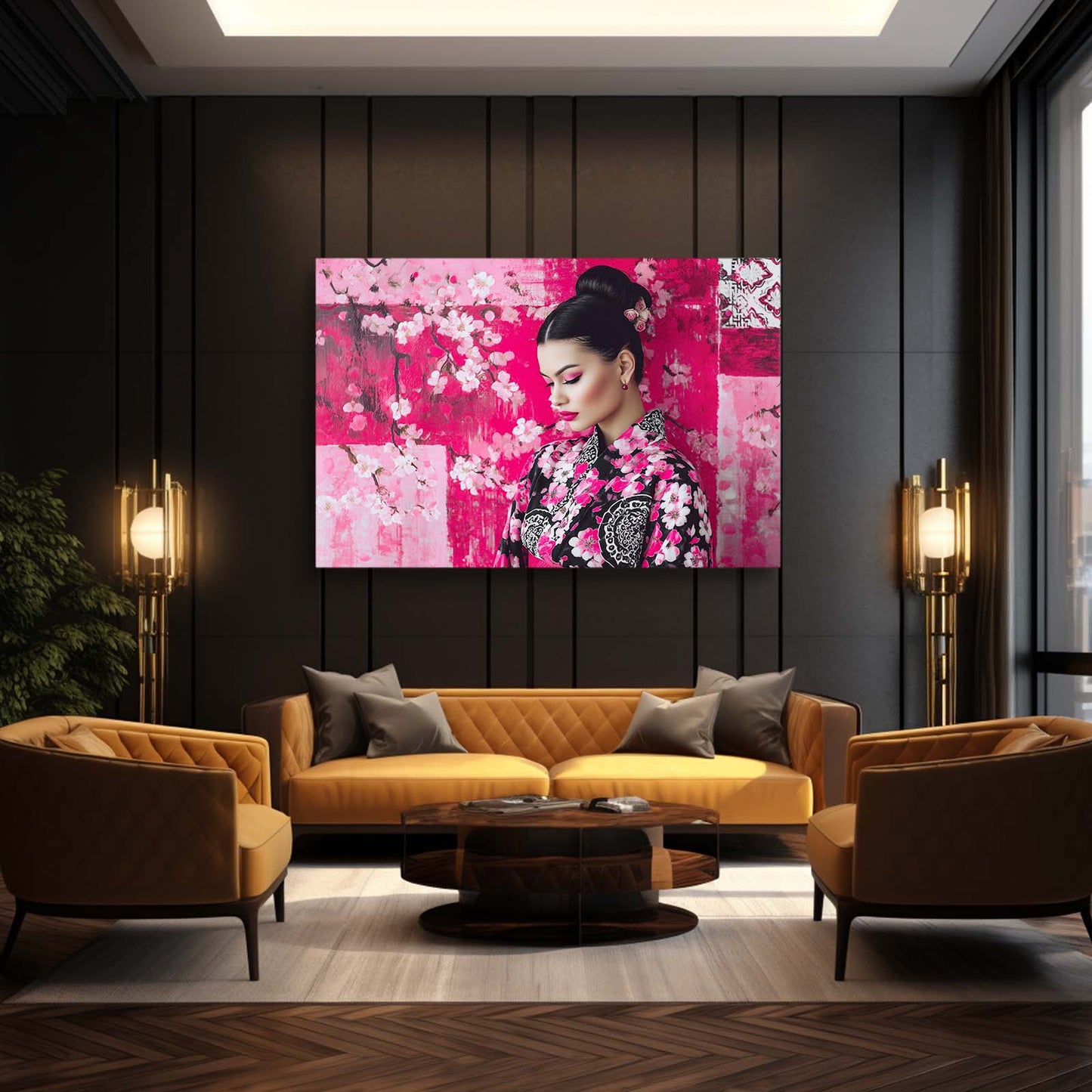 Kimono Portrait Cherry Blossom Prints – styled in a furnished interior