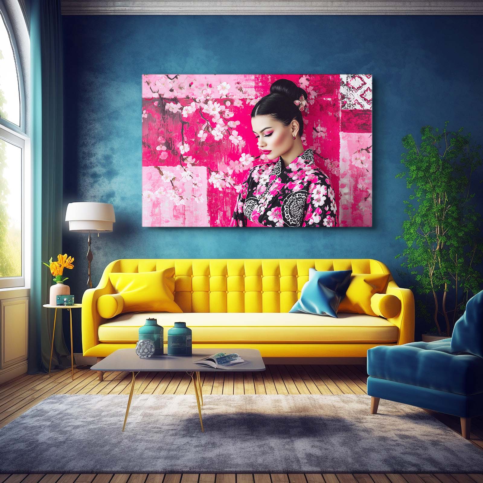 Kimono Portrait Cherry Blossom Prints – styled in a furnished interior