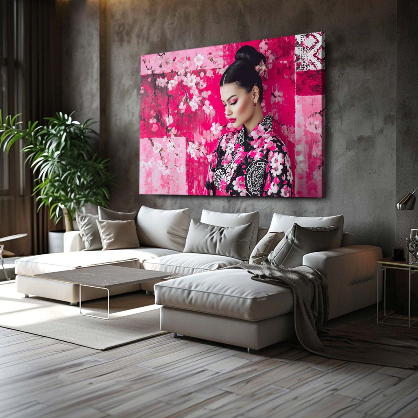 Kimono Portrait Cherry Blossom Prints – styled in a furnished interior