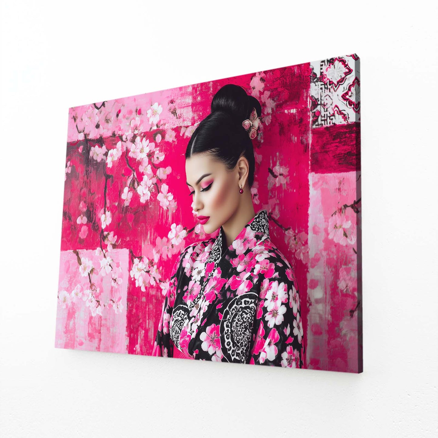 Kimono Portrait Cherry Blossom Prints – angled canvas view on white background