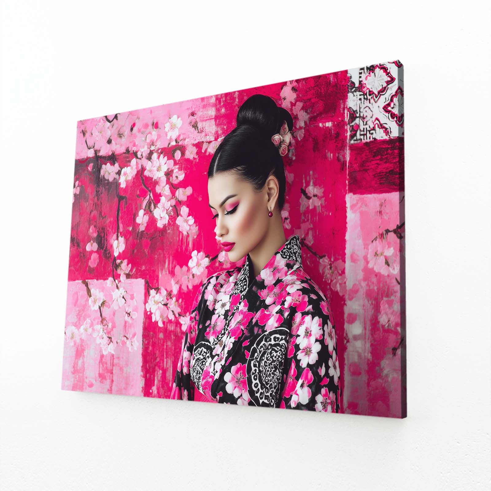 Kimono Portrait Cherry Blossom Prints – angled canvas view on white background