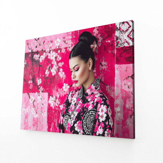 Kimono Portrait Cherry Blossom Prints – angled canvas view on white background