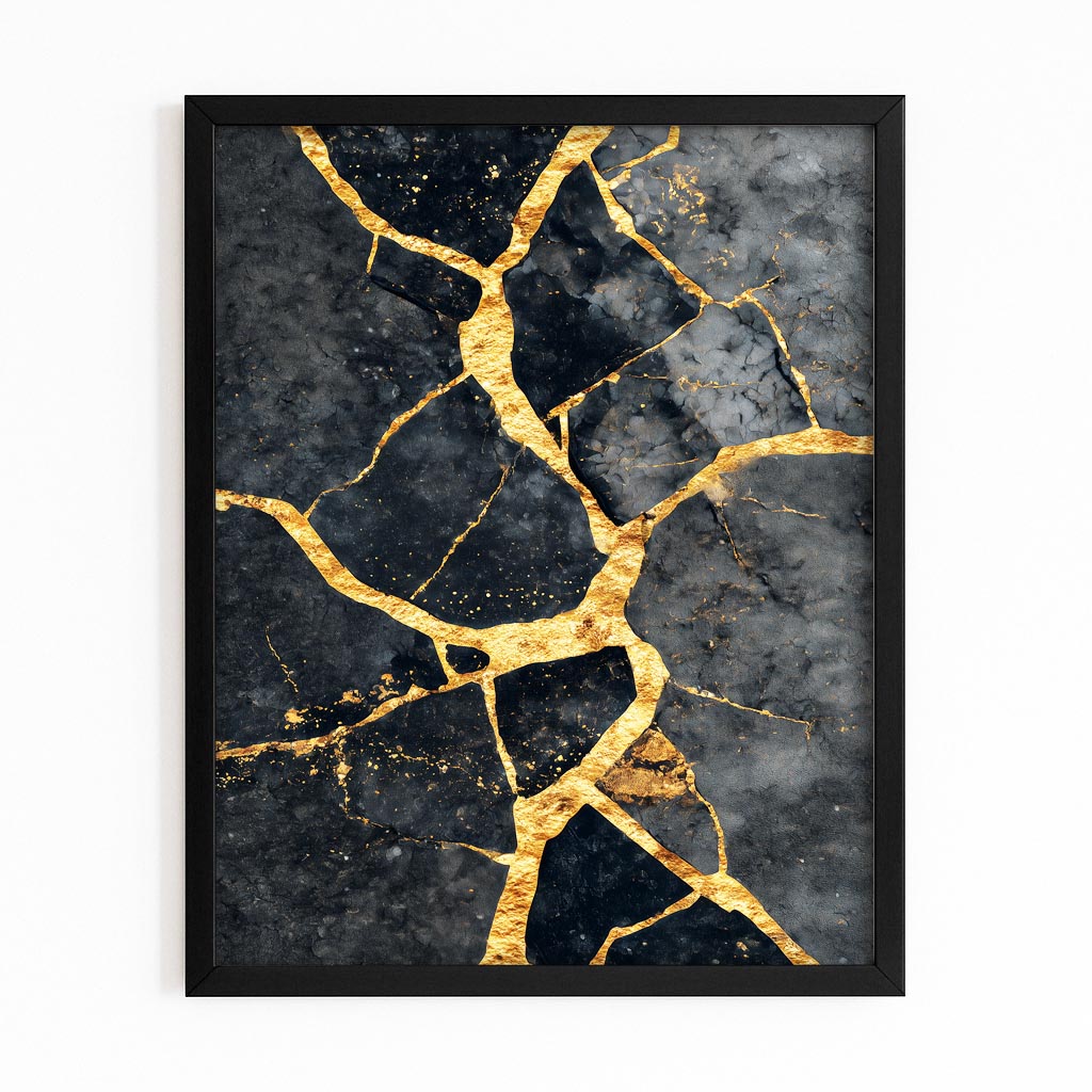 Kintsugi Gold Cracks Prints – with Premium Black frame on white background