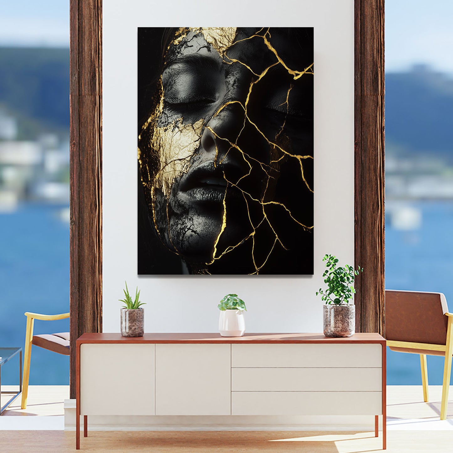 Kintsugi Gold Visage Abstract Prints – styled in a furnished interior
