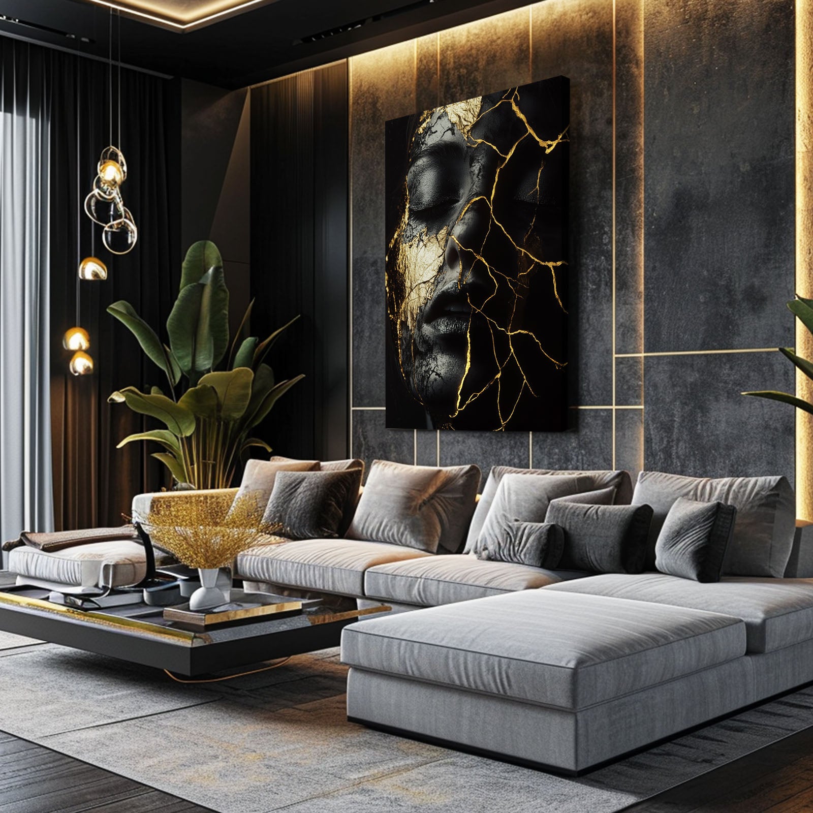 Kintsugi Gold Visage Abstract Prints – styled in a furnished interior