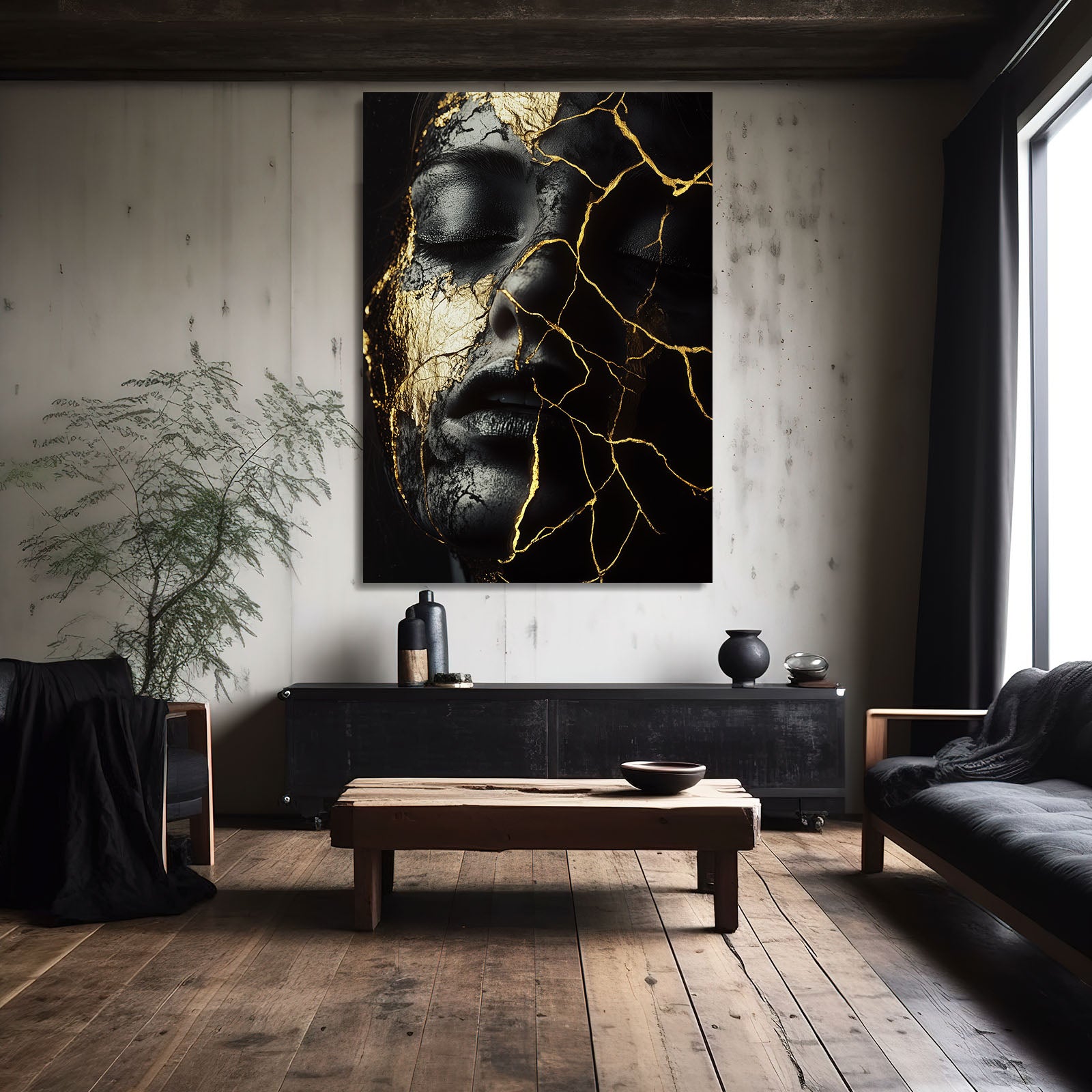 Kintsugi Gold Visage Abstract Prints – styled in a furnished interior