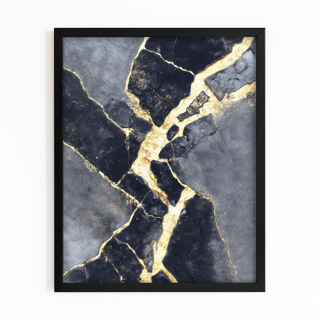 Kintsugi Marble Seam Gold Canvas – with Premium Black frame on white background