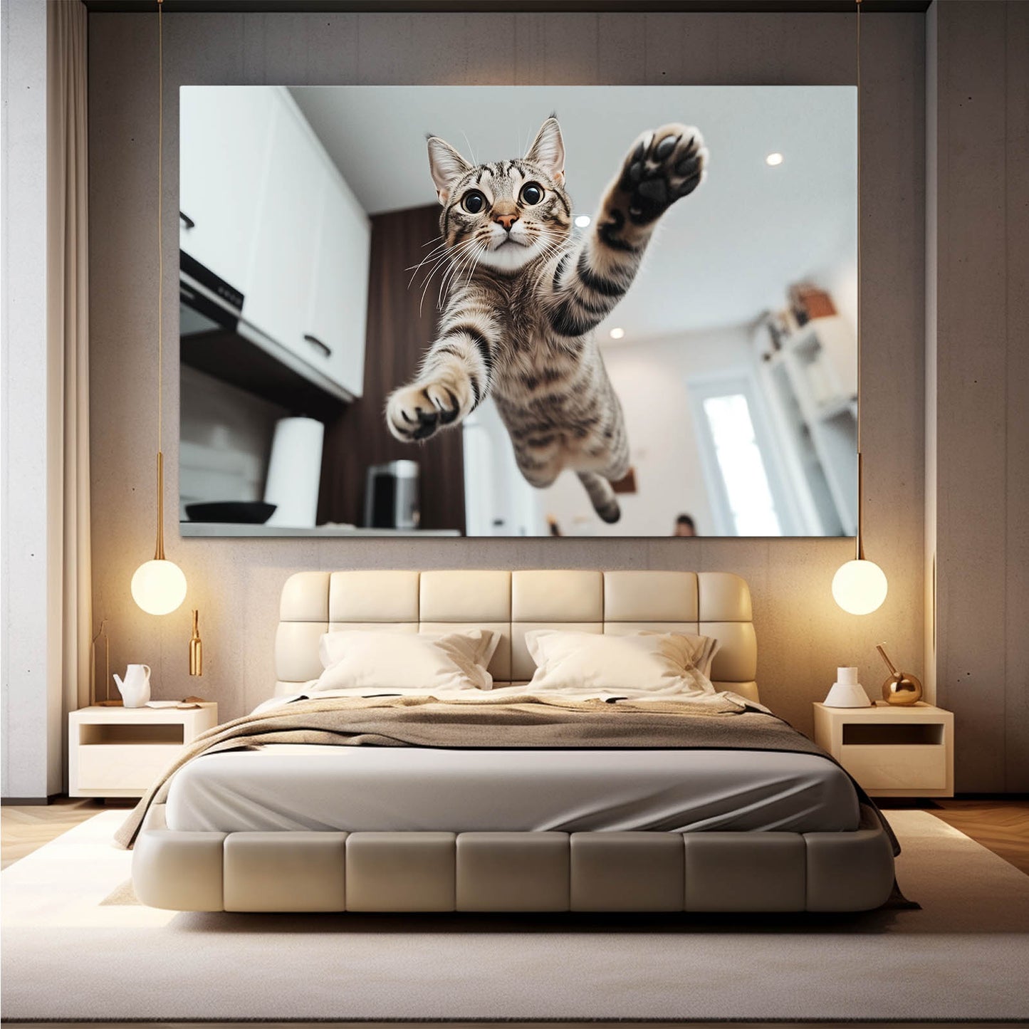 Kitchen Leap Moment Cat Wall Decor — photography canvas print, styled in a furnished interior