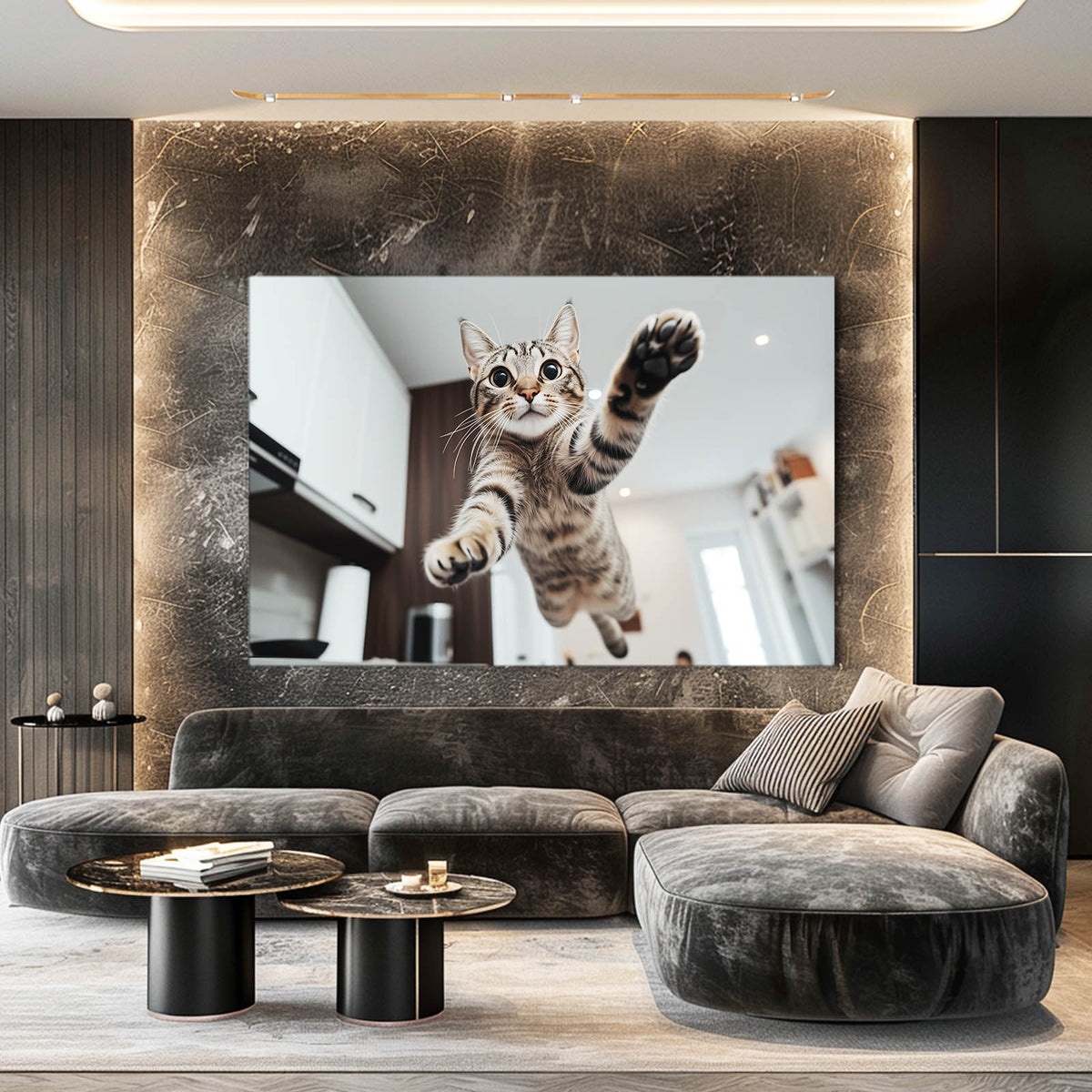 Kitchen Leap Moment Cat Wall Decor — photography canvas print, styled in a furnished interior