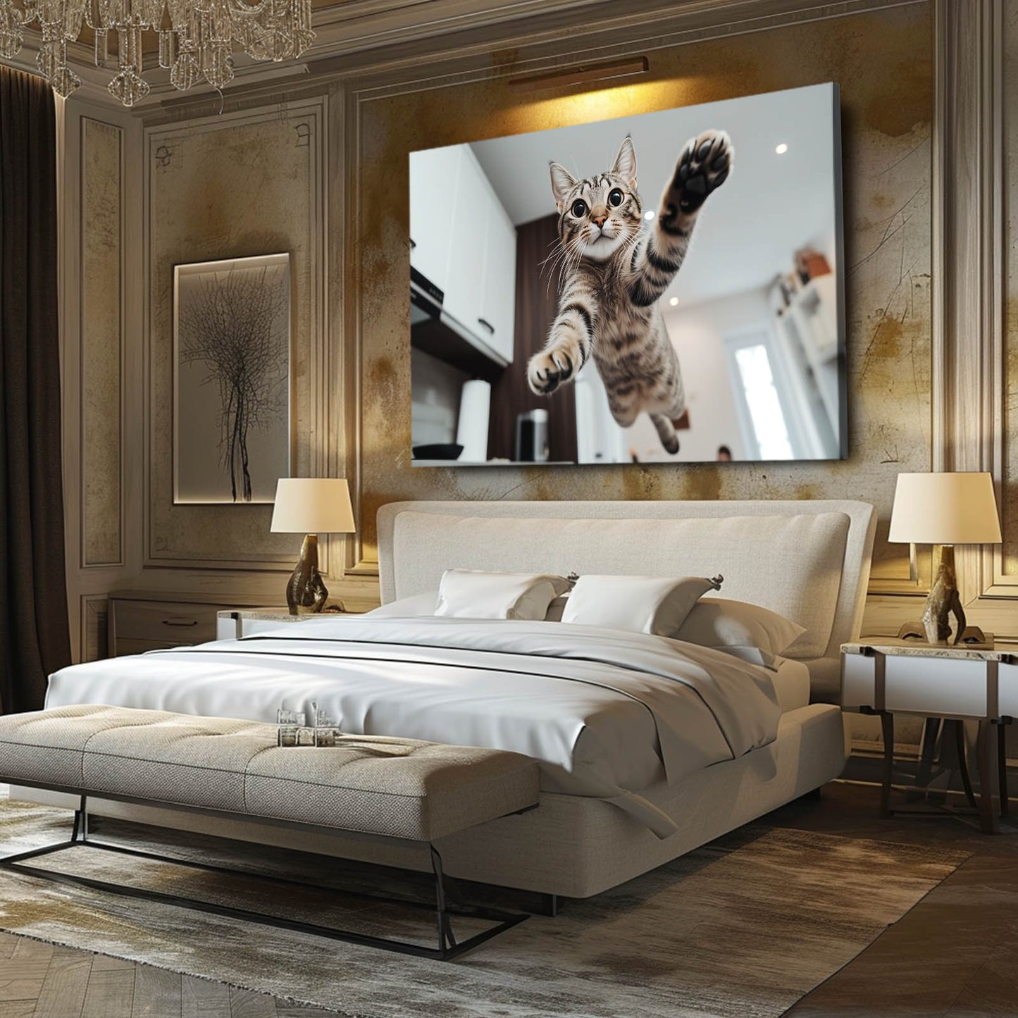 Kitchen Leap Moment Cat Wall Decor — photography canvas print, styled in a furnished interior