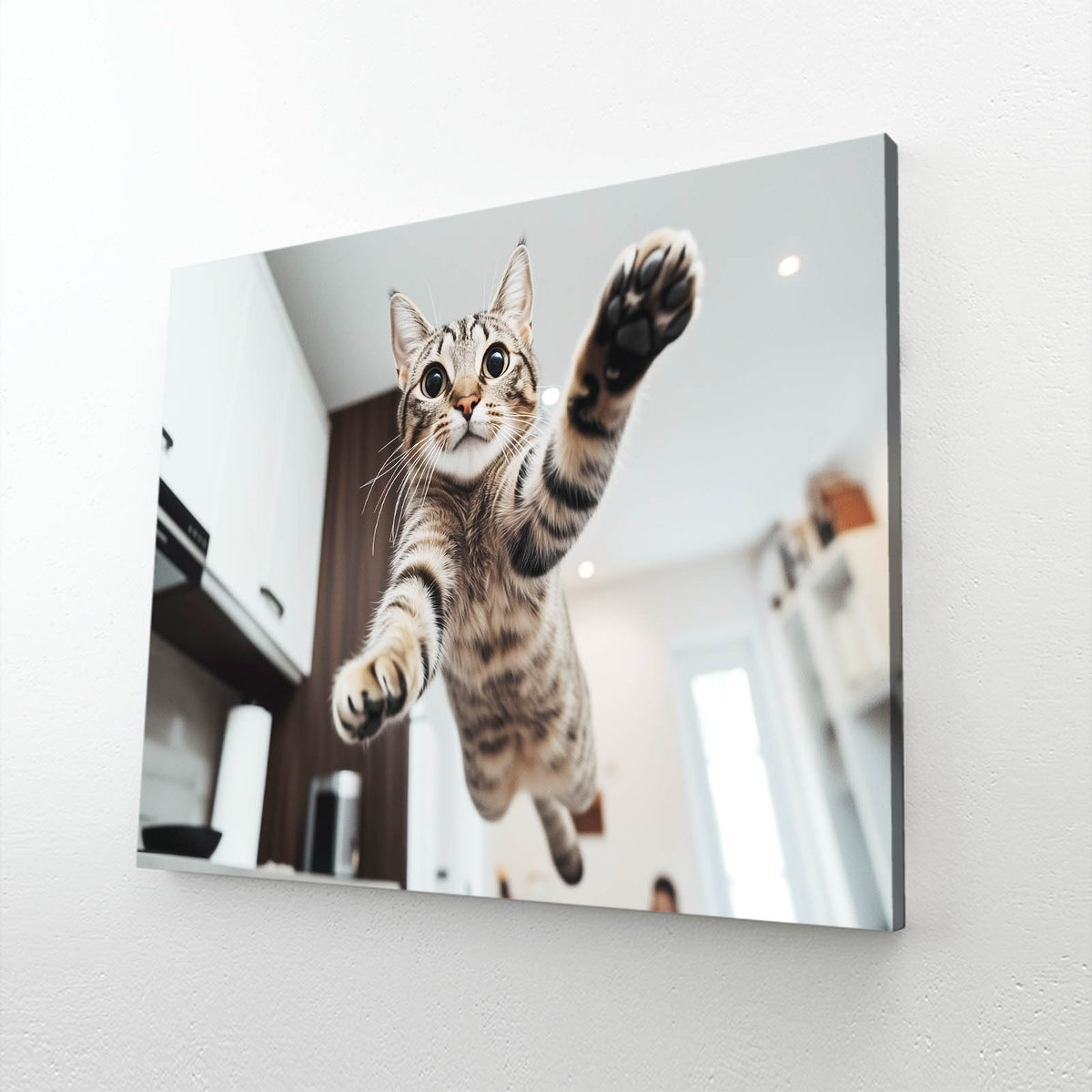 Kitchen Leap Moment Cat Wall Decor — photography canvas print, angled canvas view on white background