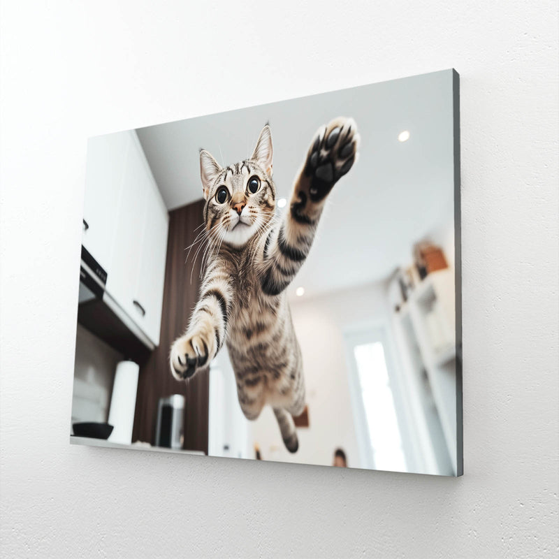 Kitchen Leap Moment Cat Wall Decor — photography canvas print, angled canvas view on white background
