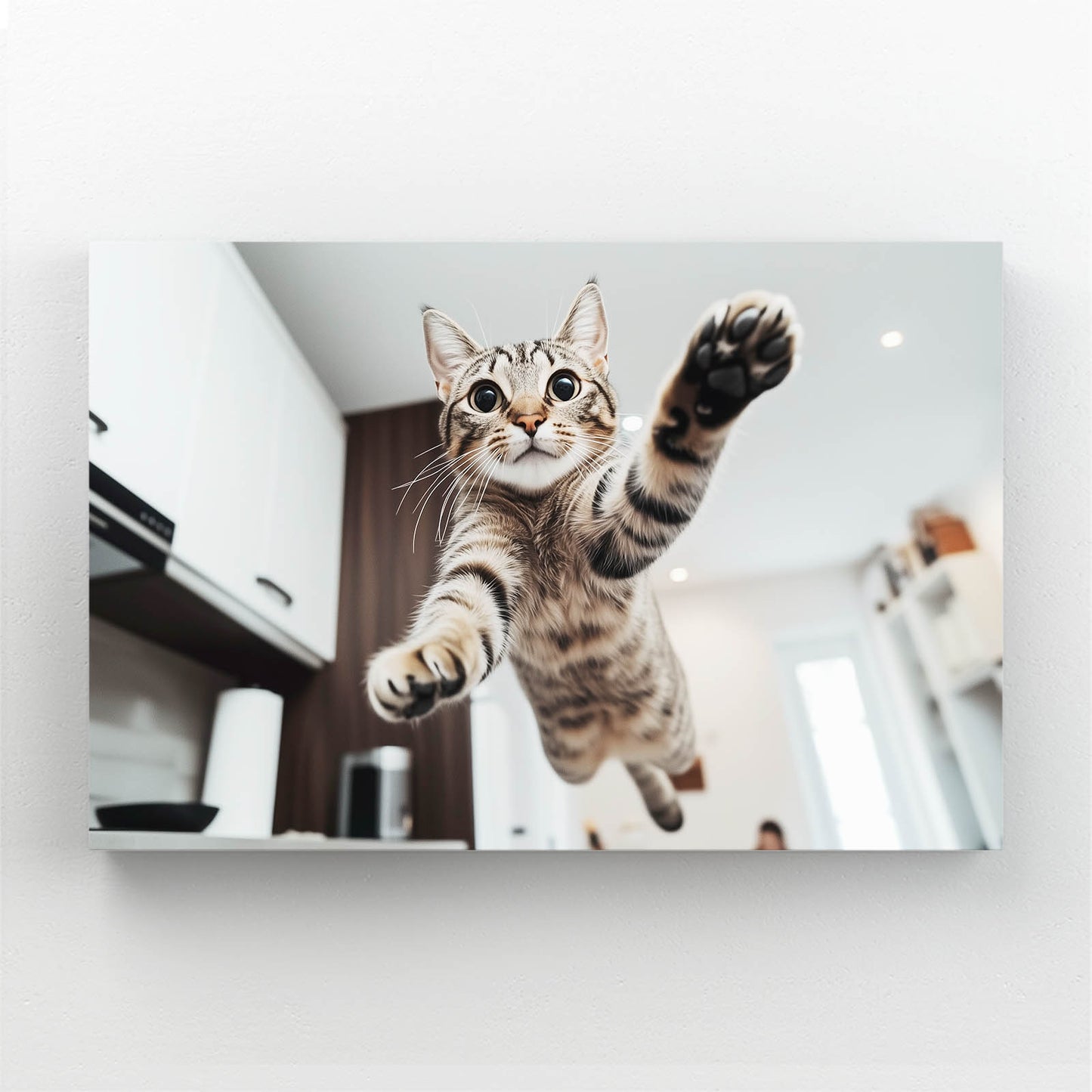 Kitchen Leap Moment Cat Wall Decor — photography canvas print, angled canvas view on white background