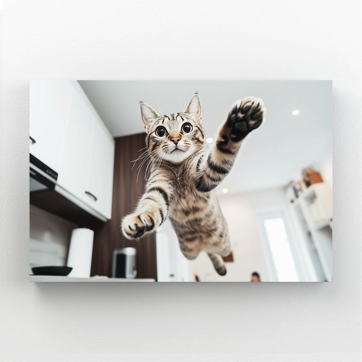 Kitchen Leap Moment Cat Wall Decor — photography canvas print, angled canvas view on white background