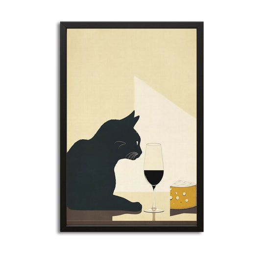 Kitchen Wall Art Cat — contemporary canvas print in white tones, with Premium Black frame on white background