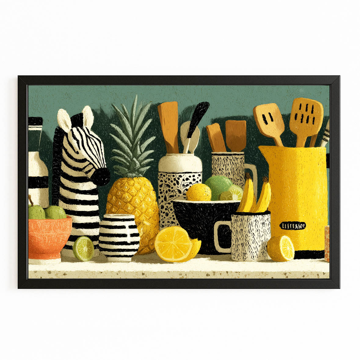Kitchen Zebra Wall Art – with Premium Black frame on white background