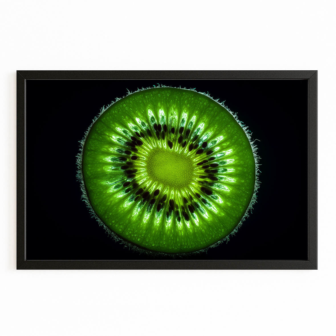 Kiwi Macro Black Fruit Prints – with Premium Black frame on white background