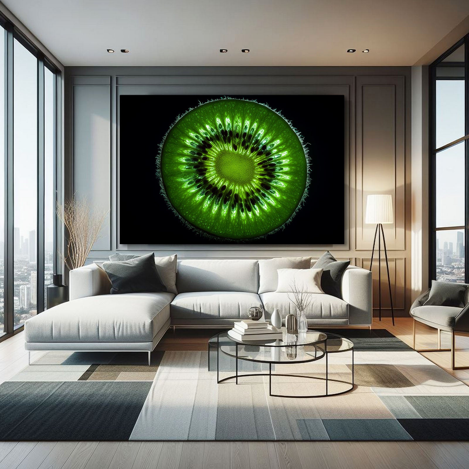 Kiwi Macro Black Fruit Prints – styled in a furnished interior