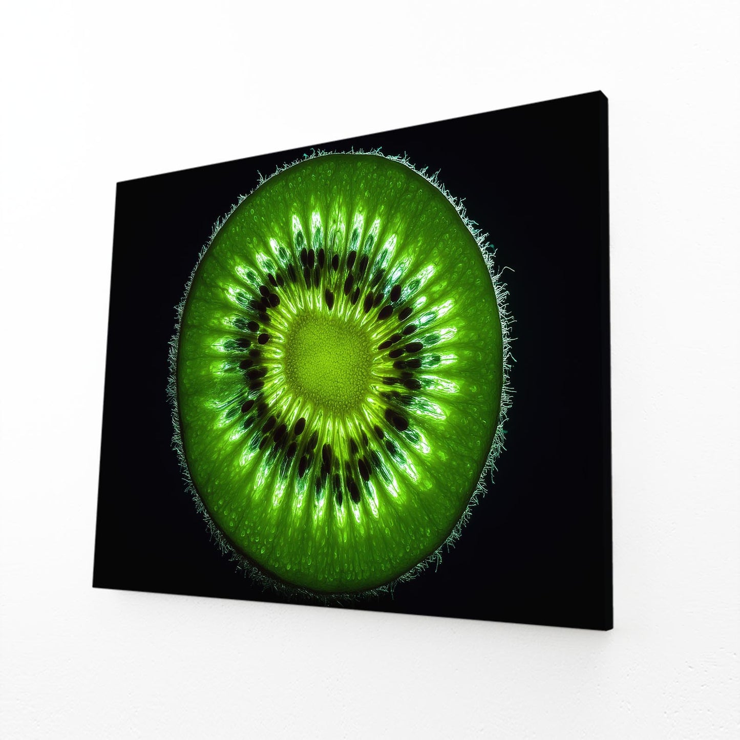 Kiwi Macro Black Fruit Prints – angled canvas view on white background