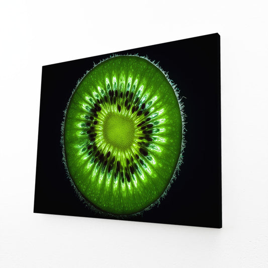 Kiwi Macro Black Fruit Prints – angled canvas view on white background