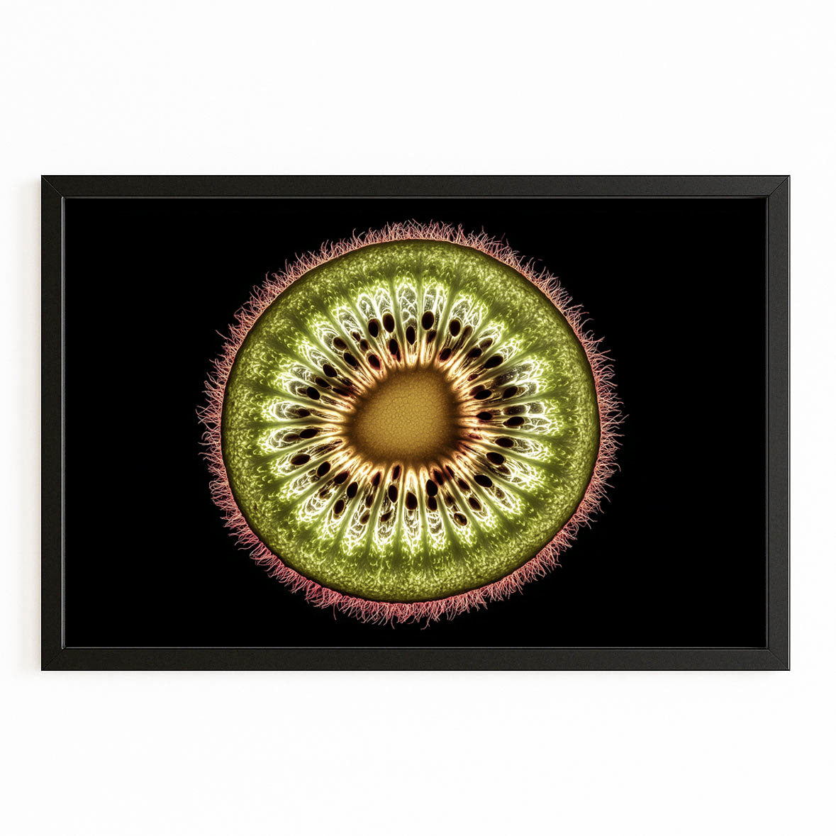 Kiwi Slice Macro Fruit Canvas Art – with Premium Black frame on white background