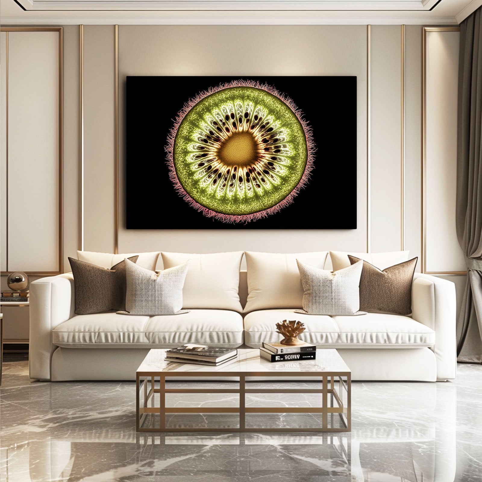 Kiwi Slice Macro Fruit Canvas Art – styled in a furnished interior