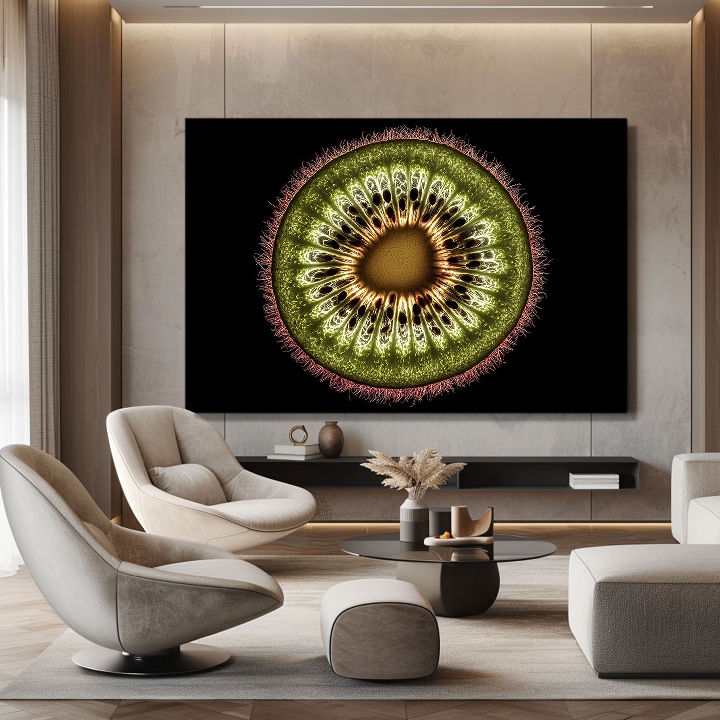 Kiwi Slice Macro Fruit Canvas Art – styled in a furnished interior