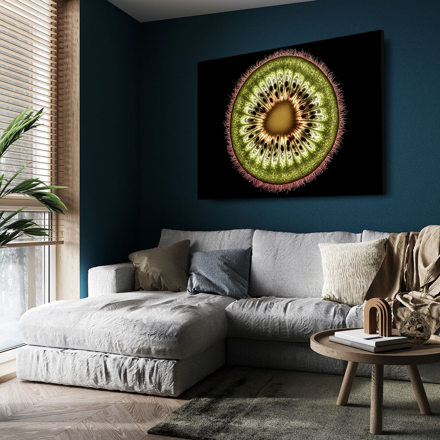 Kiwi Slice Macro Fruit Canvas Art – styled in a furnished interior