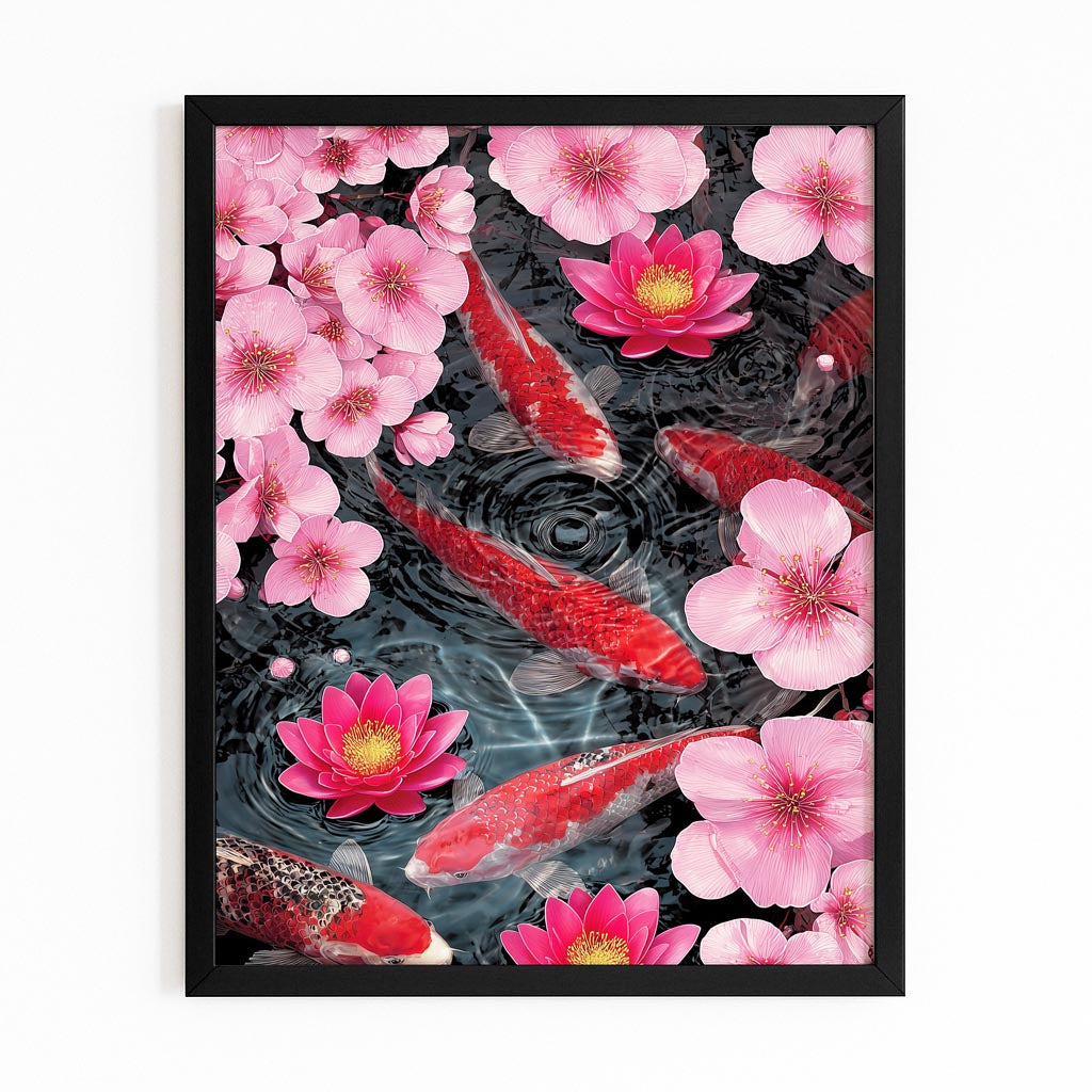 Koi And Lotus Cherry Blossom Prints – with Premium Black frame on white background