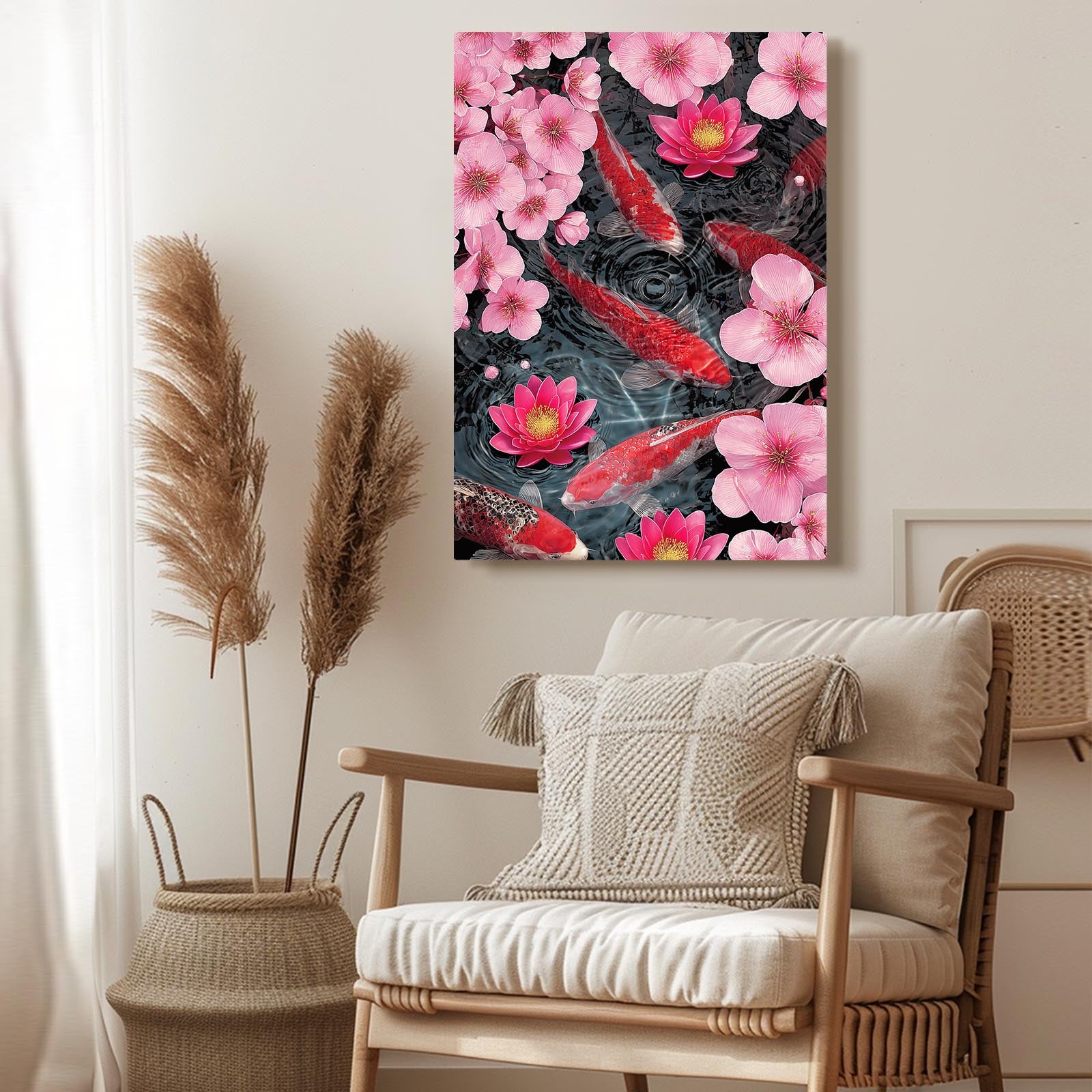 Koi And Lotus Cherry Blossom Prints – styled in a furnished interior