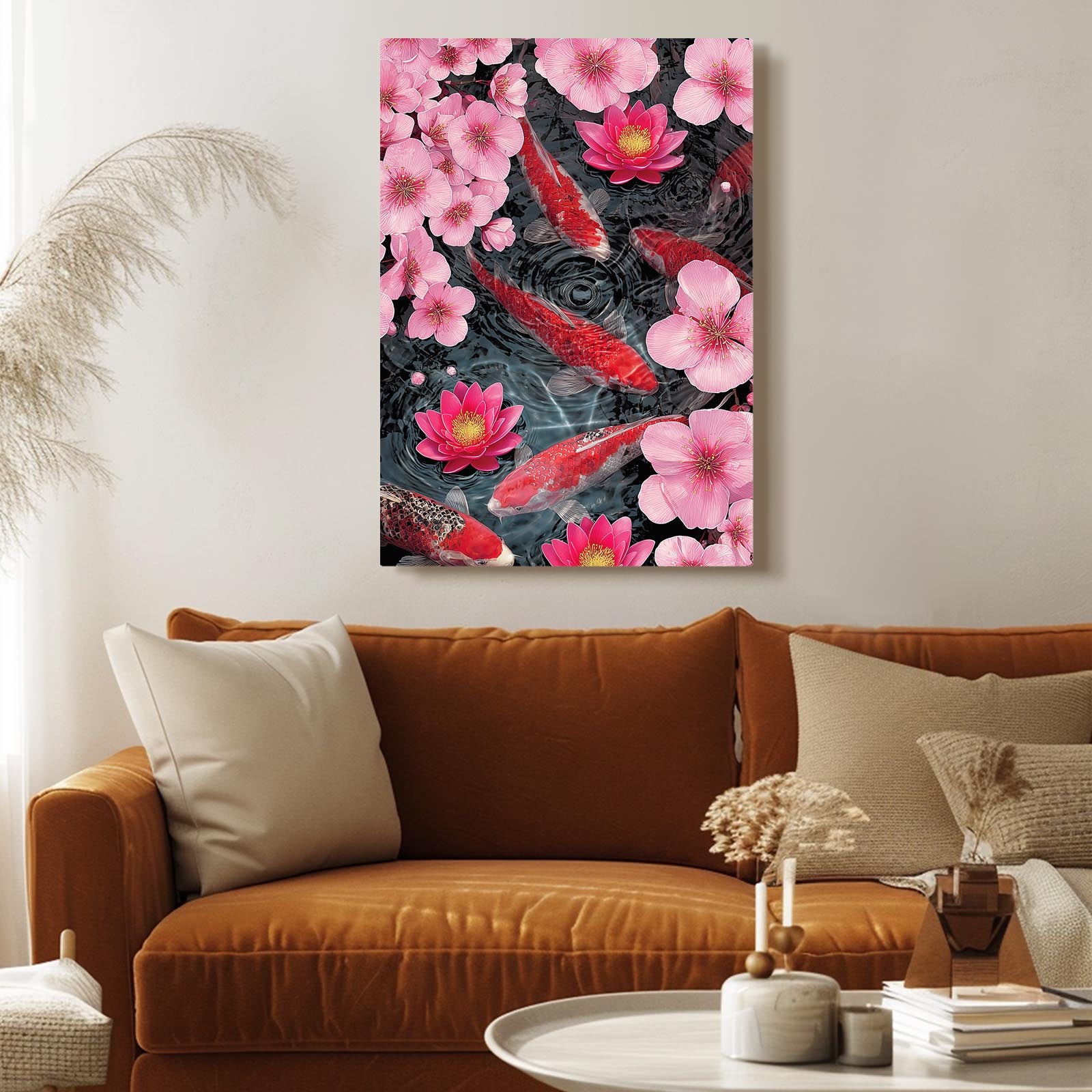 Koi And Lotus Cherry Blossom Prints – styled in a furnished interior