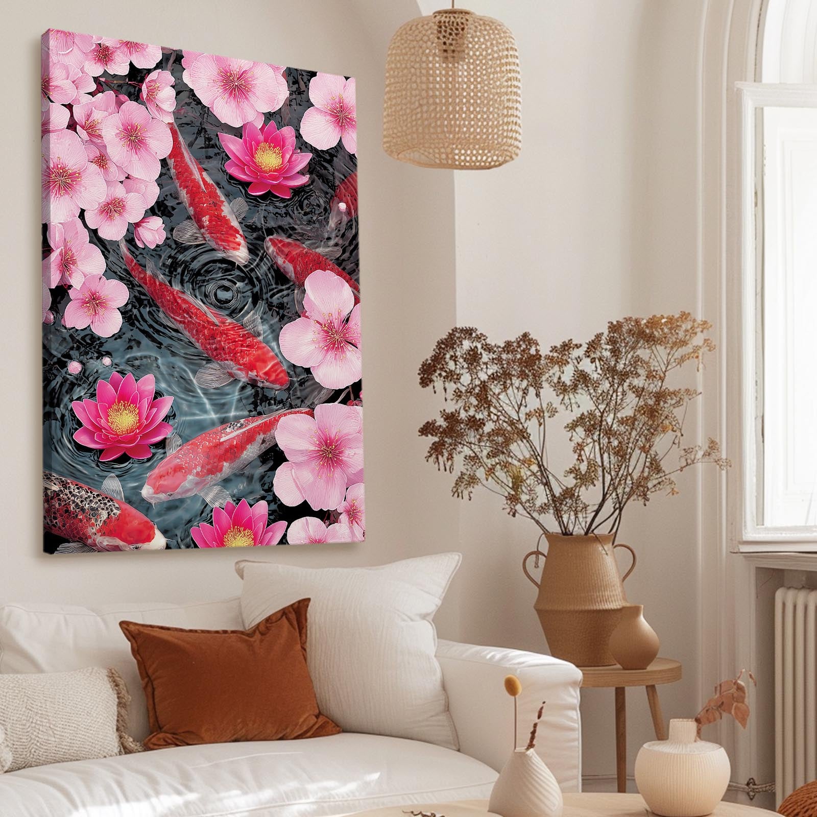 Koi And Lotus Cherry Blossom Prints – styled in a furnished interior