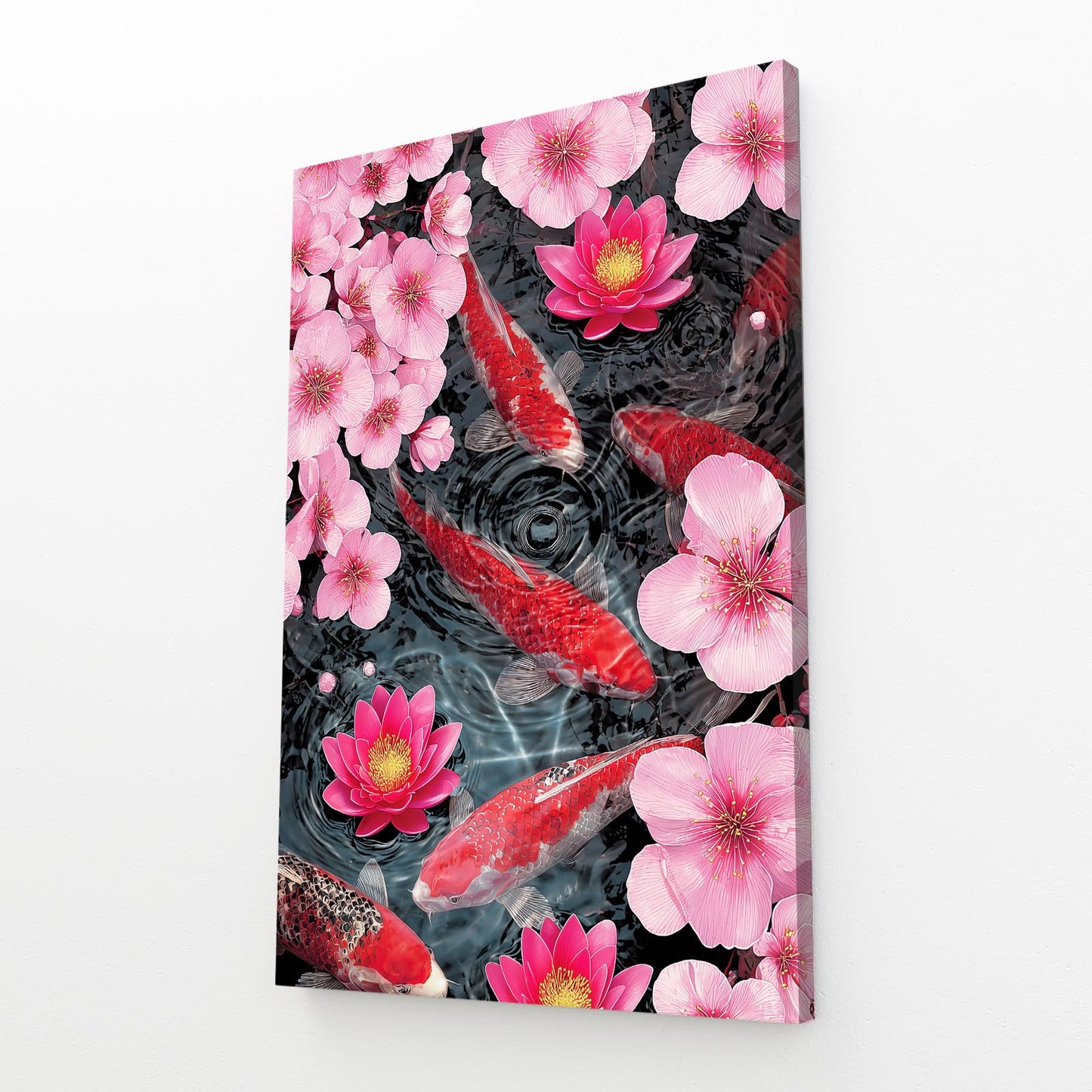 Koi And Lotus Cherry Blossom Prints – angled canvas view on white background