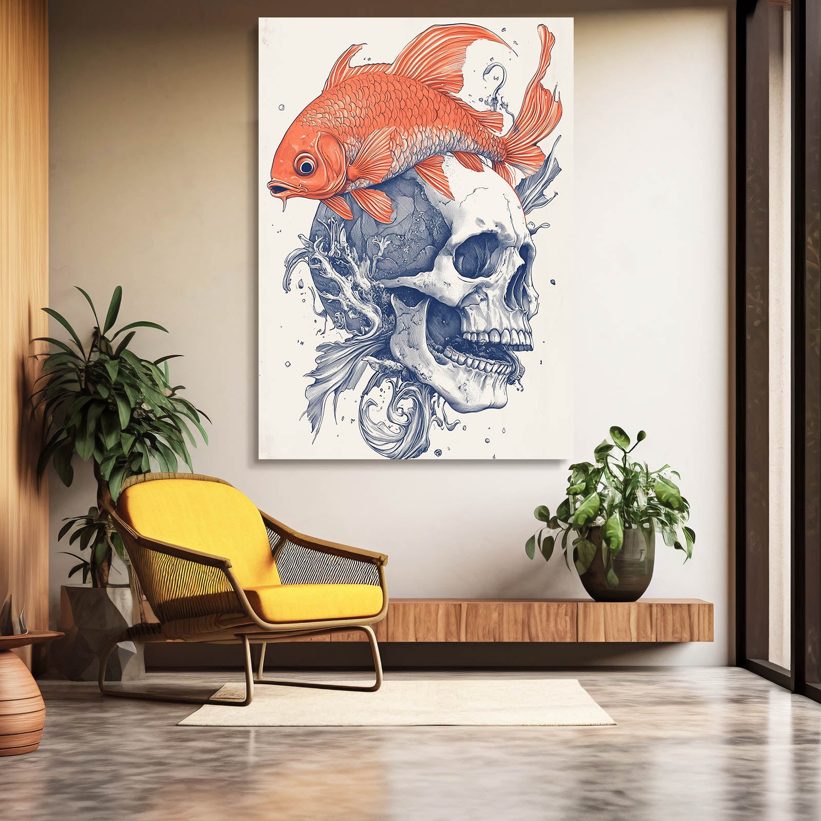 Koi Ink Skull Canvas Art — contemporary canvas print, styled in a furnished interior