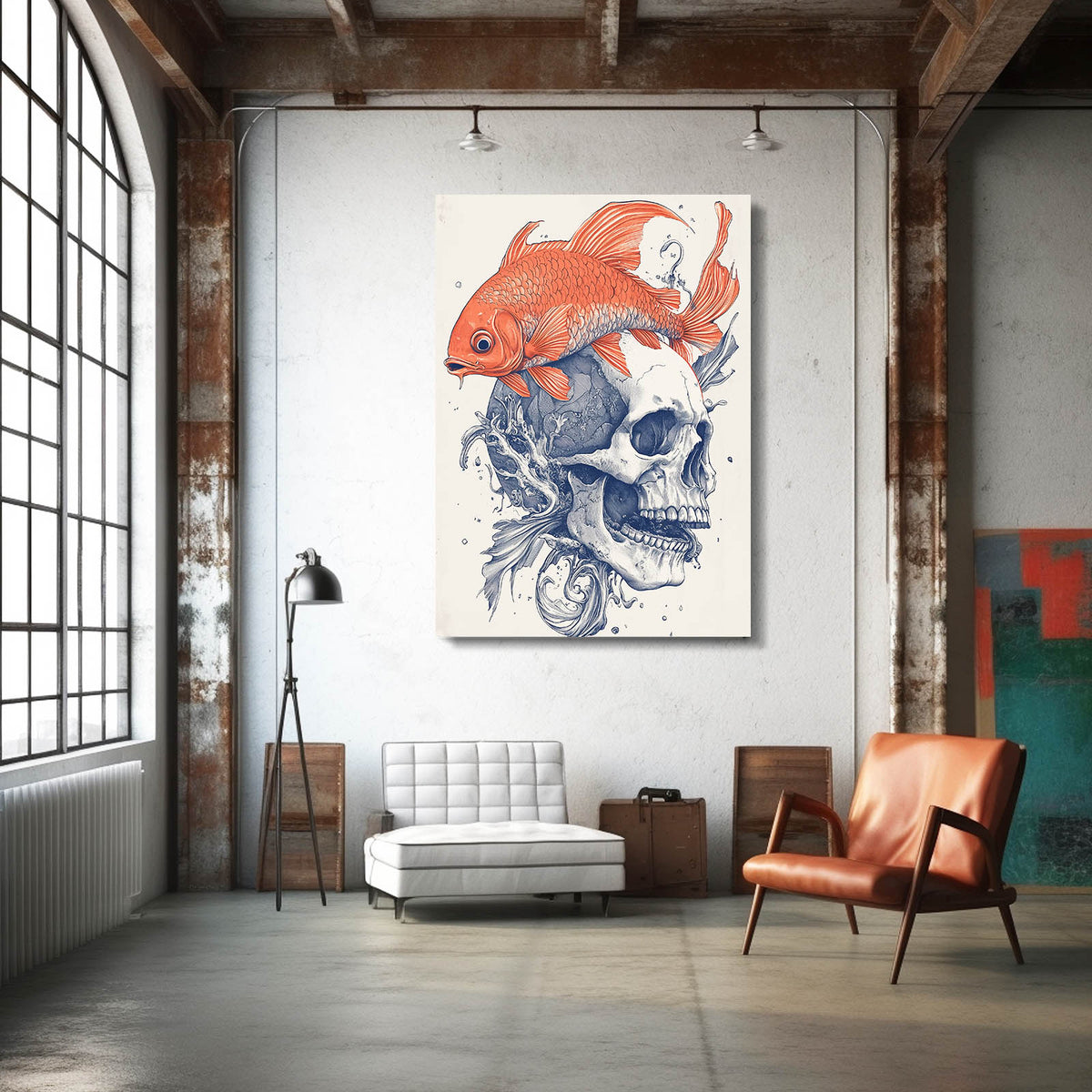 Koi Ink Skull Canvas Art — contemporary canvas print, styled in a furnished interior