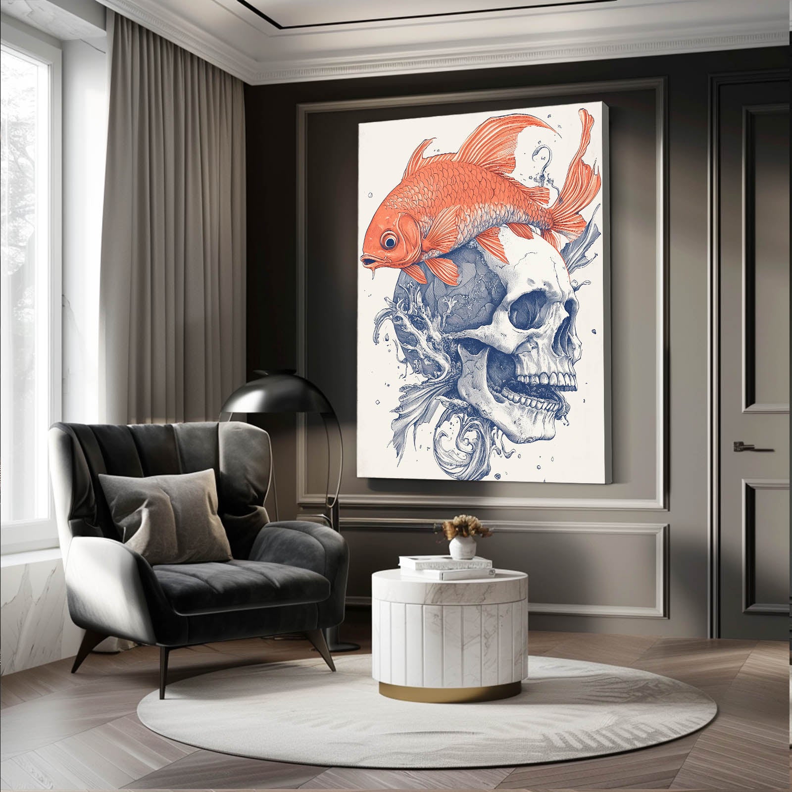 Koi Ink Skull Canvas Art — contemporary canvas print, styled in a furnished interior