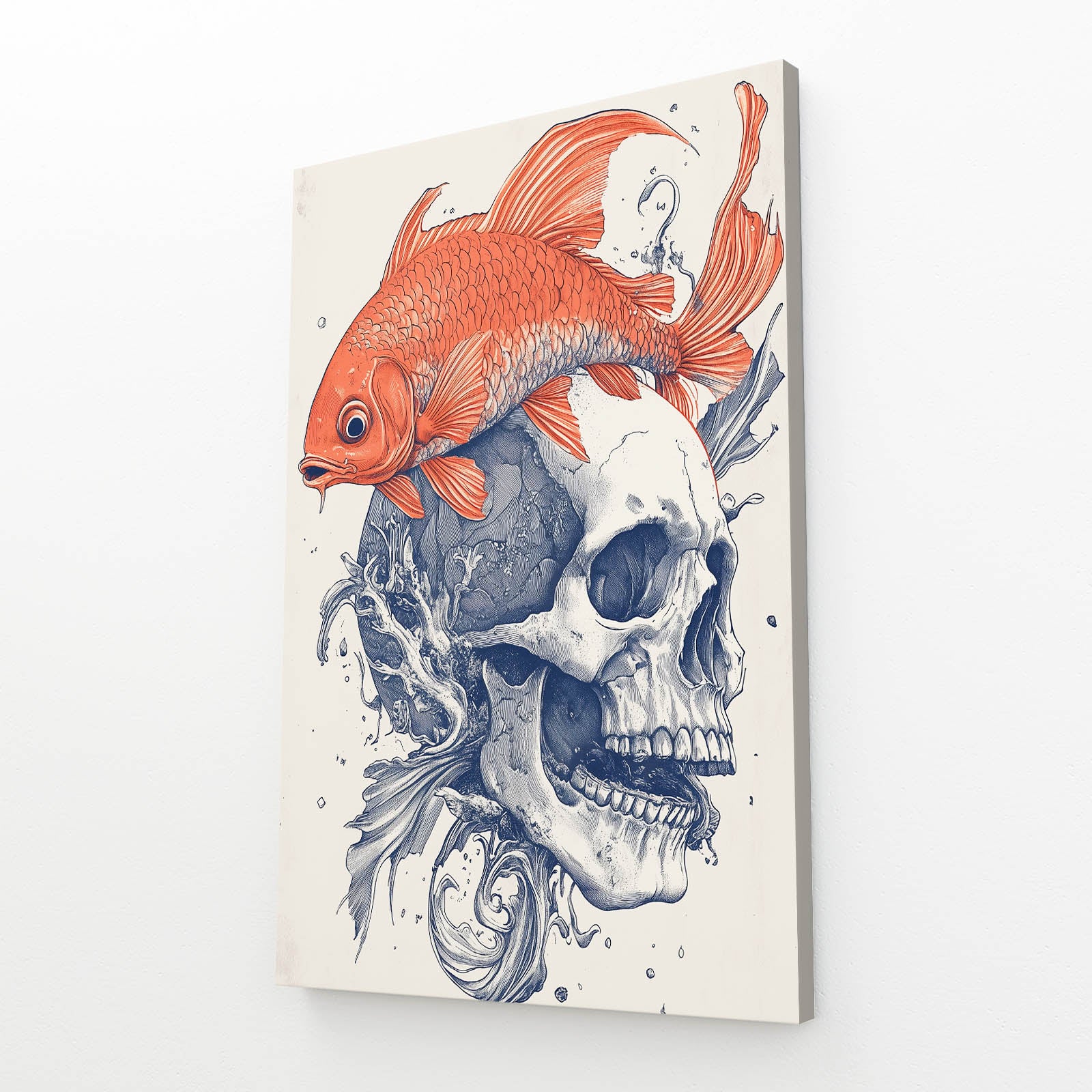 Koi Ink Skull Canvas Art — contemporary canvas print, angled canvas view on white background