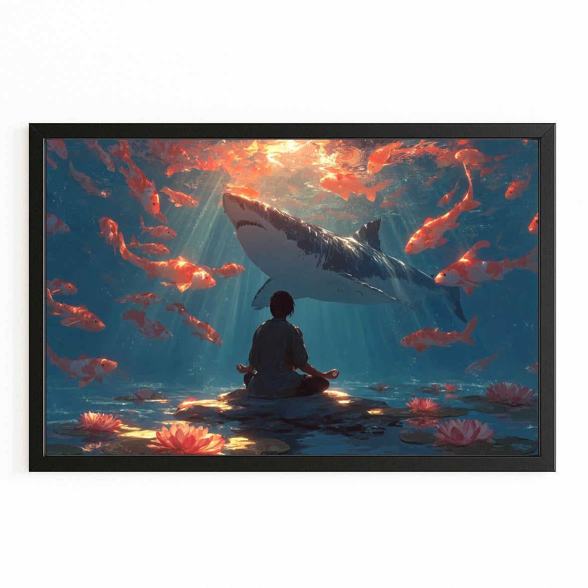 Koi Meditation Shark Canvas Art – with Premium Black frame on white background