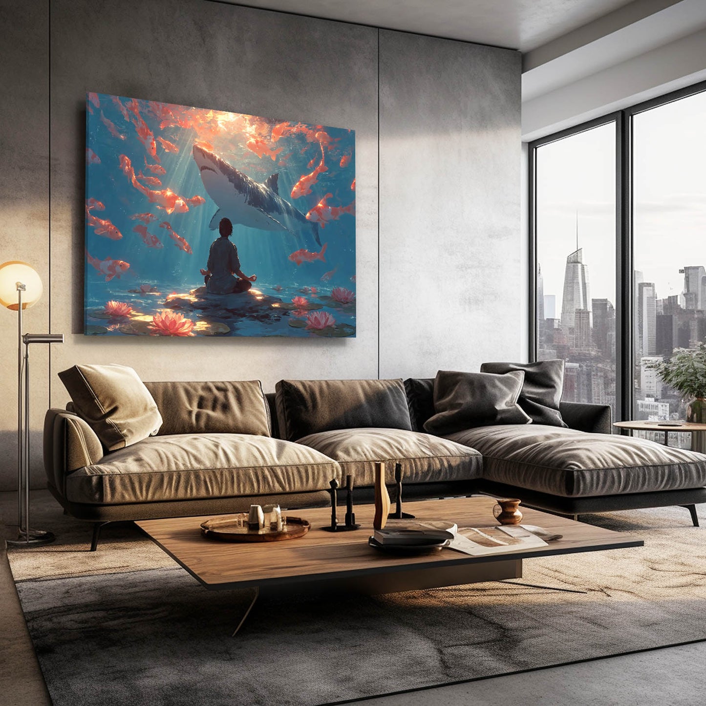 Koi Meditation Shark Canvas Art – styled in a furnished interior