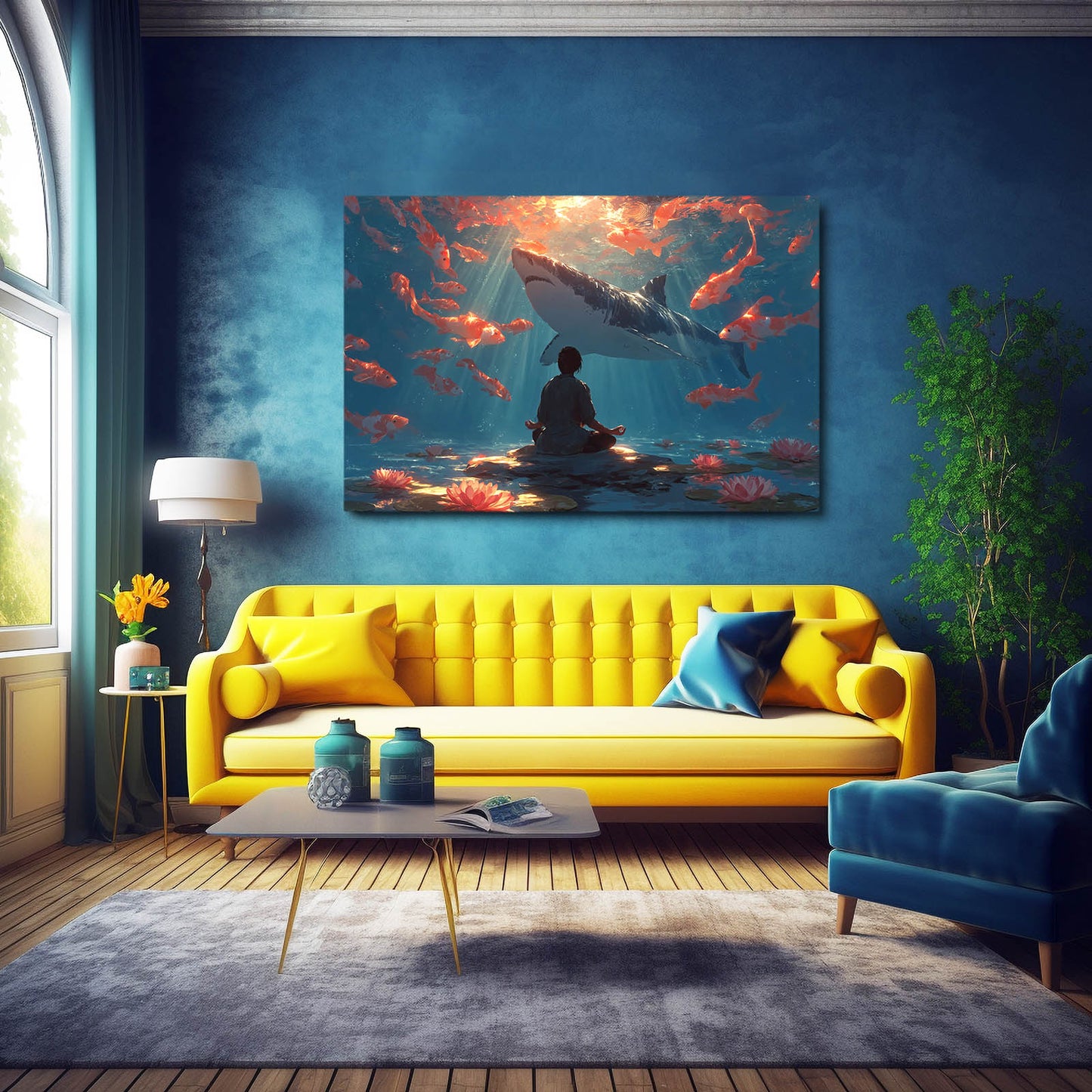 Koi Meditation Shark Canvas Art – styled in a furnished interior