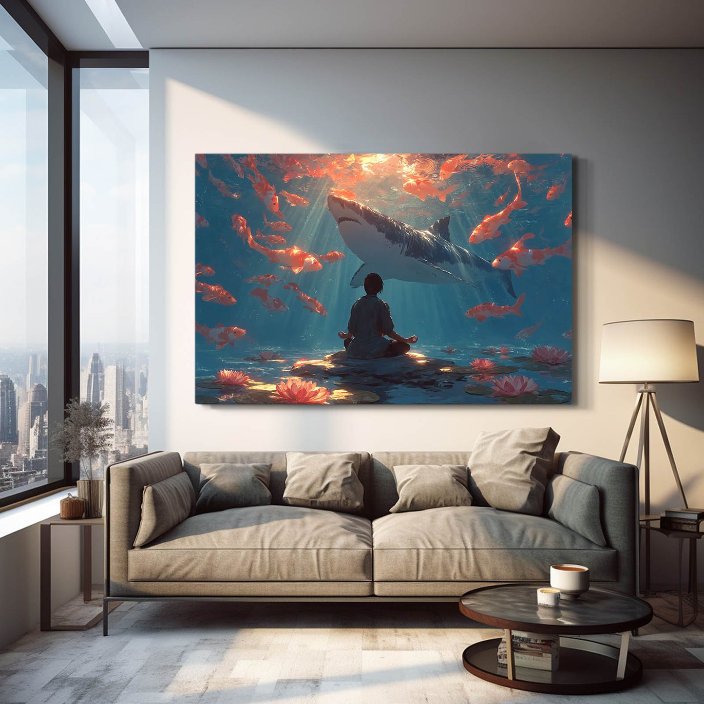 Koi Meditation Shark Canvas Art – styled in a furnished interior