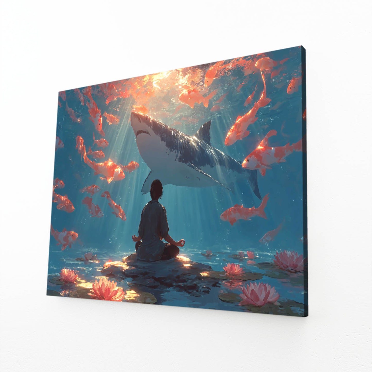 Koi Meditation Shark Canvas Art – angled canvas view on white background
