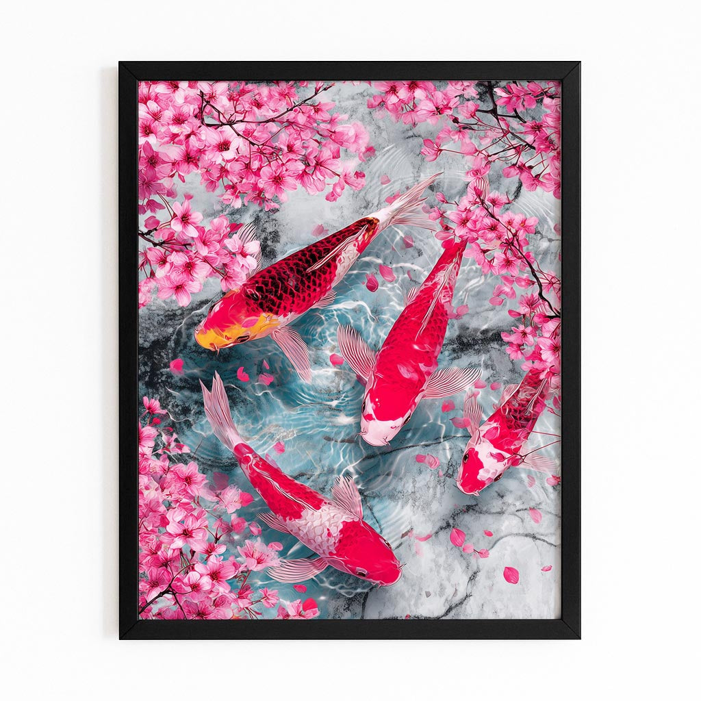 Koi Pond Petals Cherry Blossom Canvas Art – with Premium Black frame on white background
