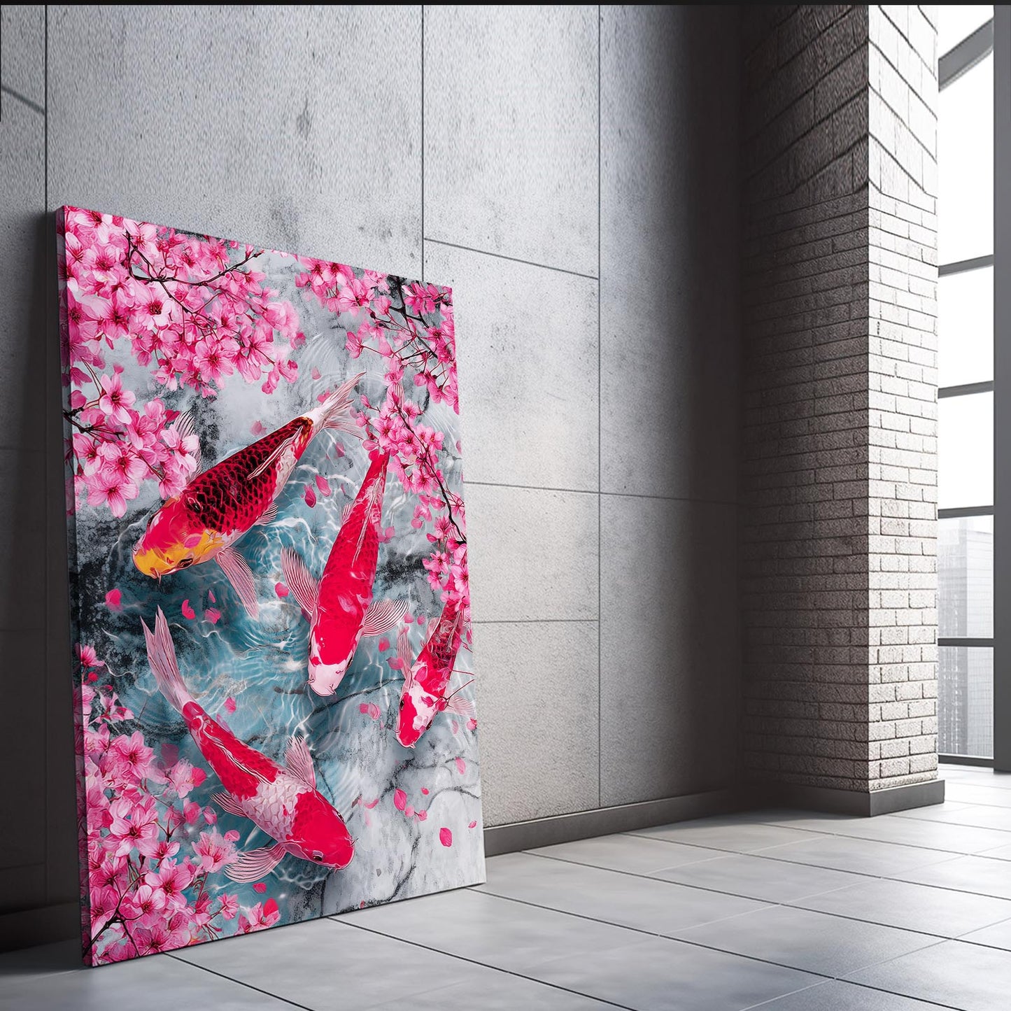 Koi Pond Petals Cherry Blossom Canvas Art – styled in a furnished interior