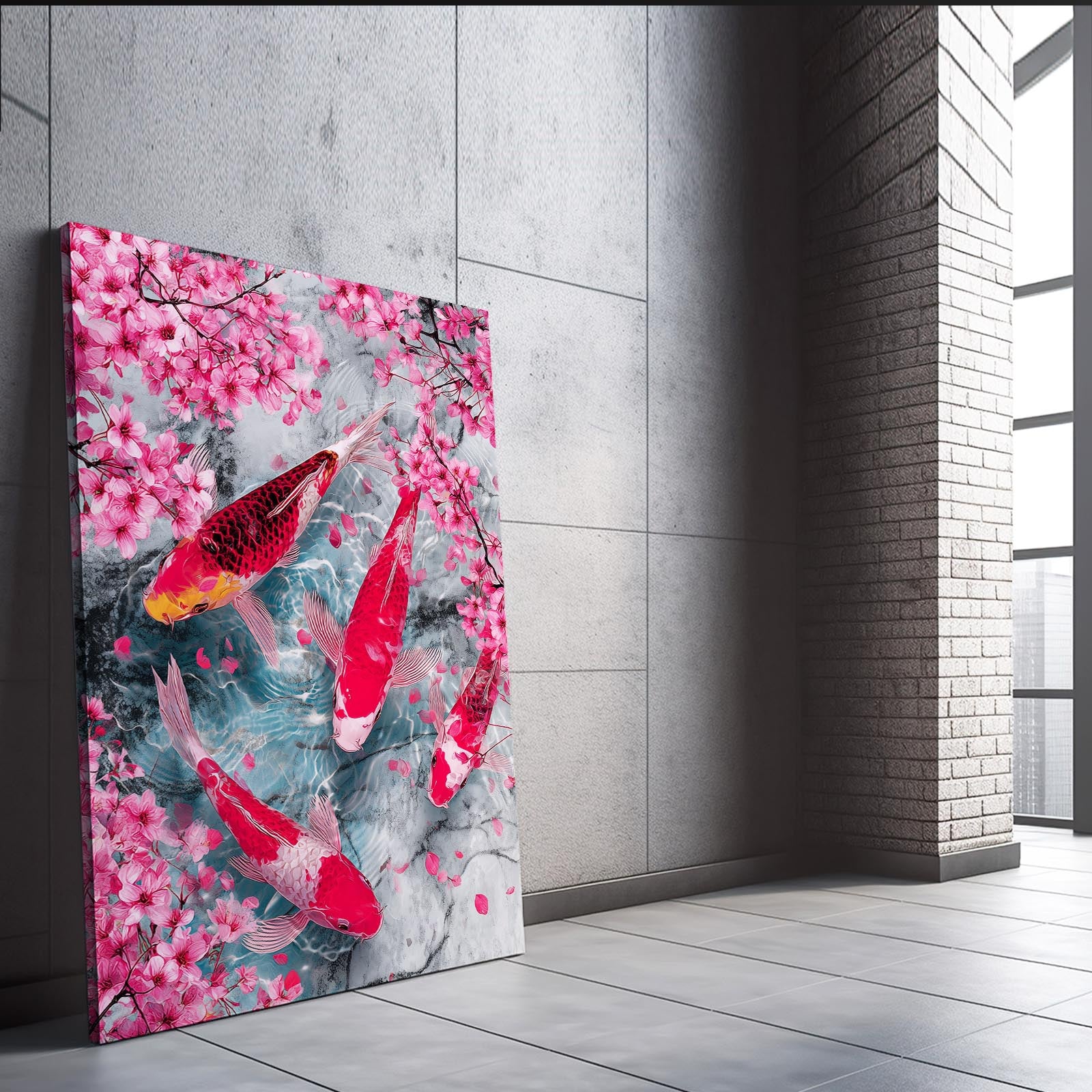 Koi Pond Petals Cherry Blossom Canvas Art – styled in a furnished interior