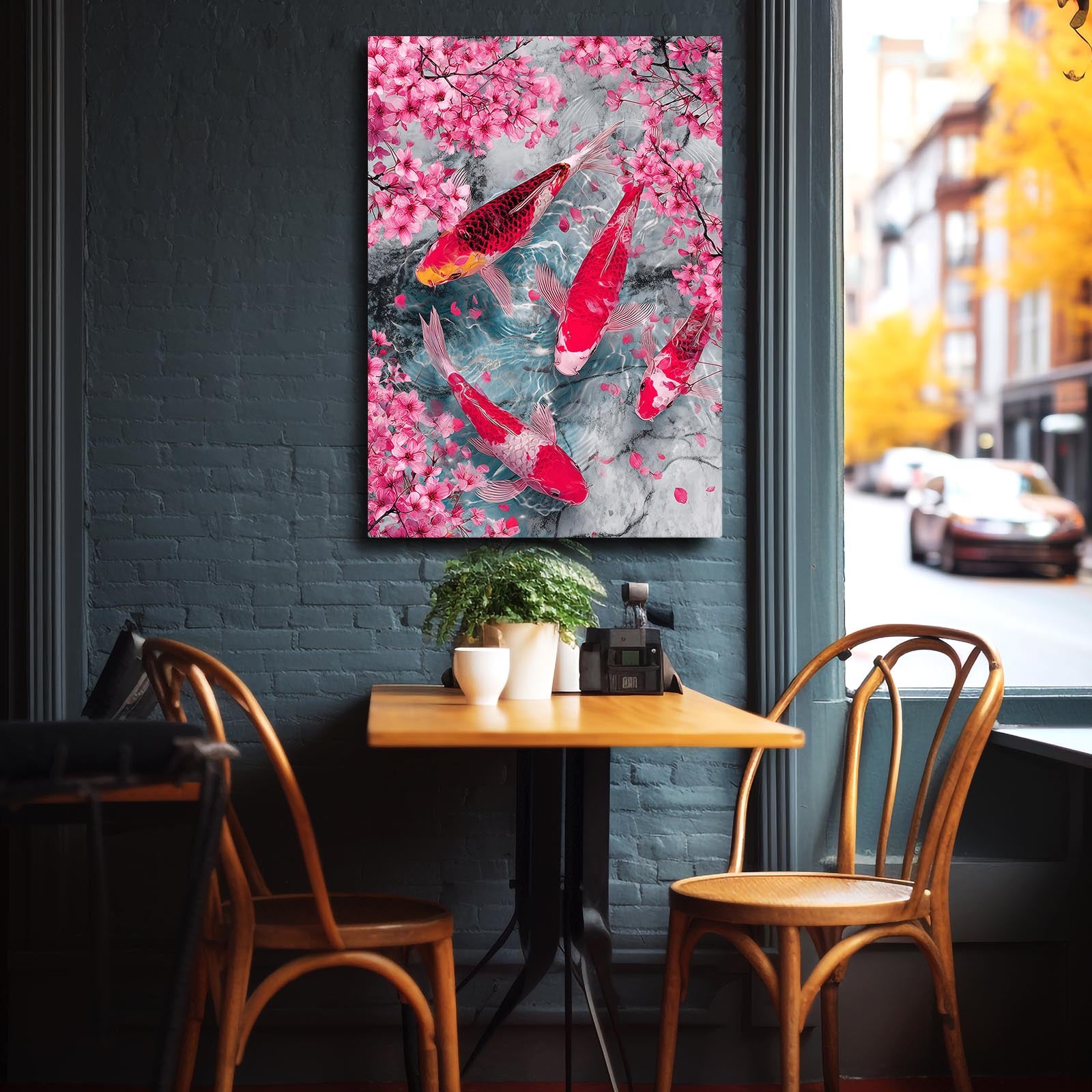 Koi Pond Petals Cherry Blossom Canvas Art – styled in a furnished interior