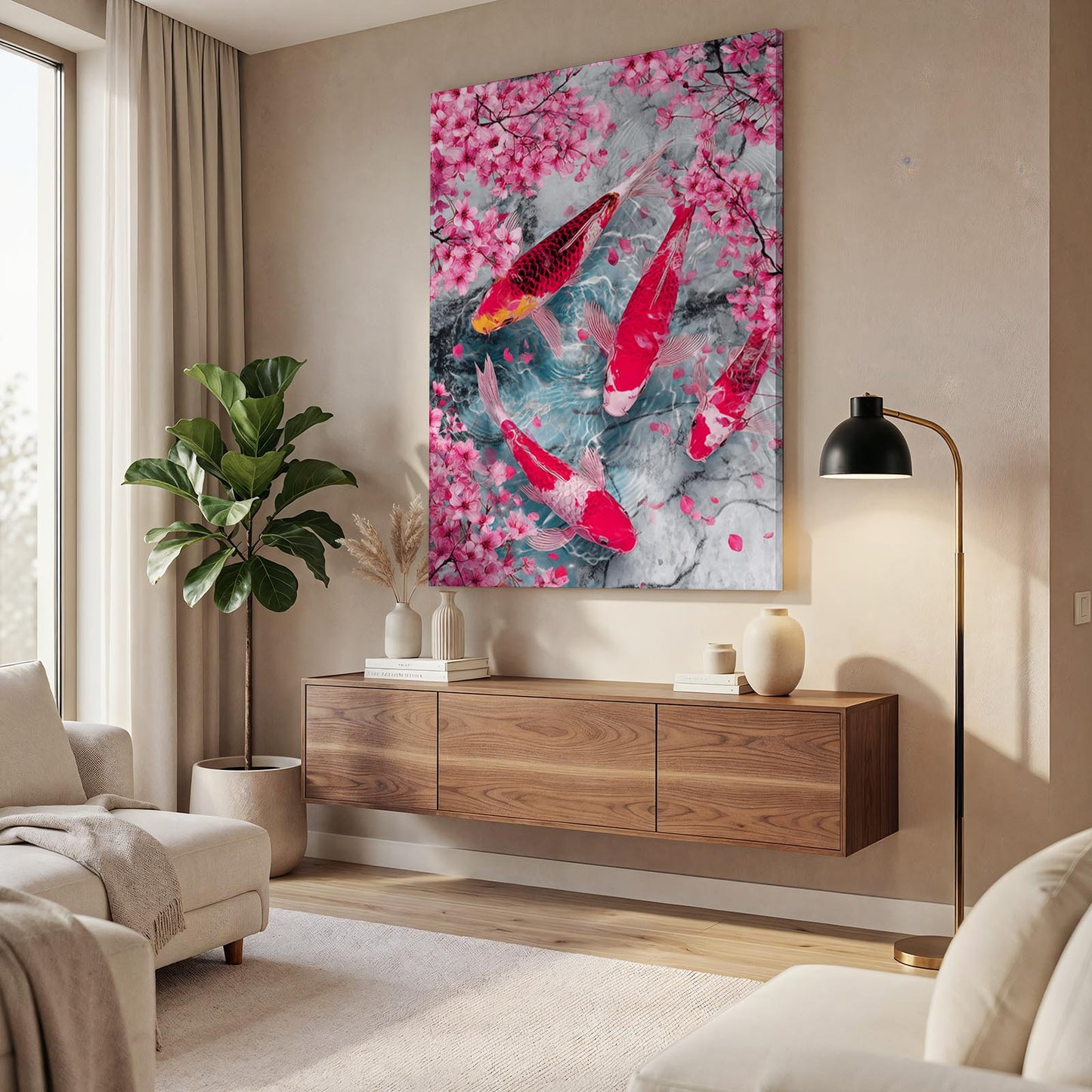 Koi Pond Petals Cherry Blossom Canvas Art – styled in a furnished interior